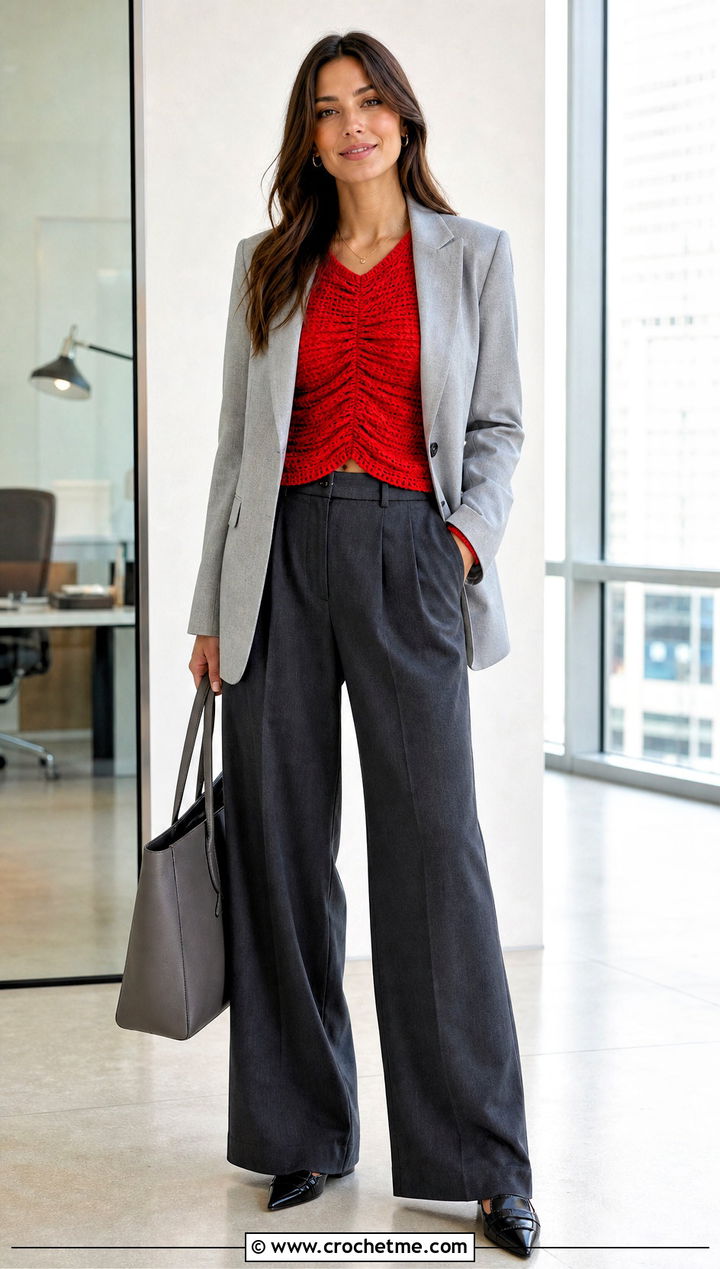 Long Sleeve Crochet Ruched Top With Wide Leg Trousers - 30 crochet ruched top outfit ideas