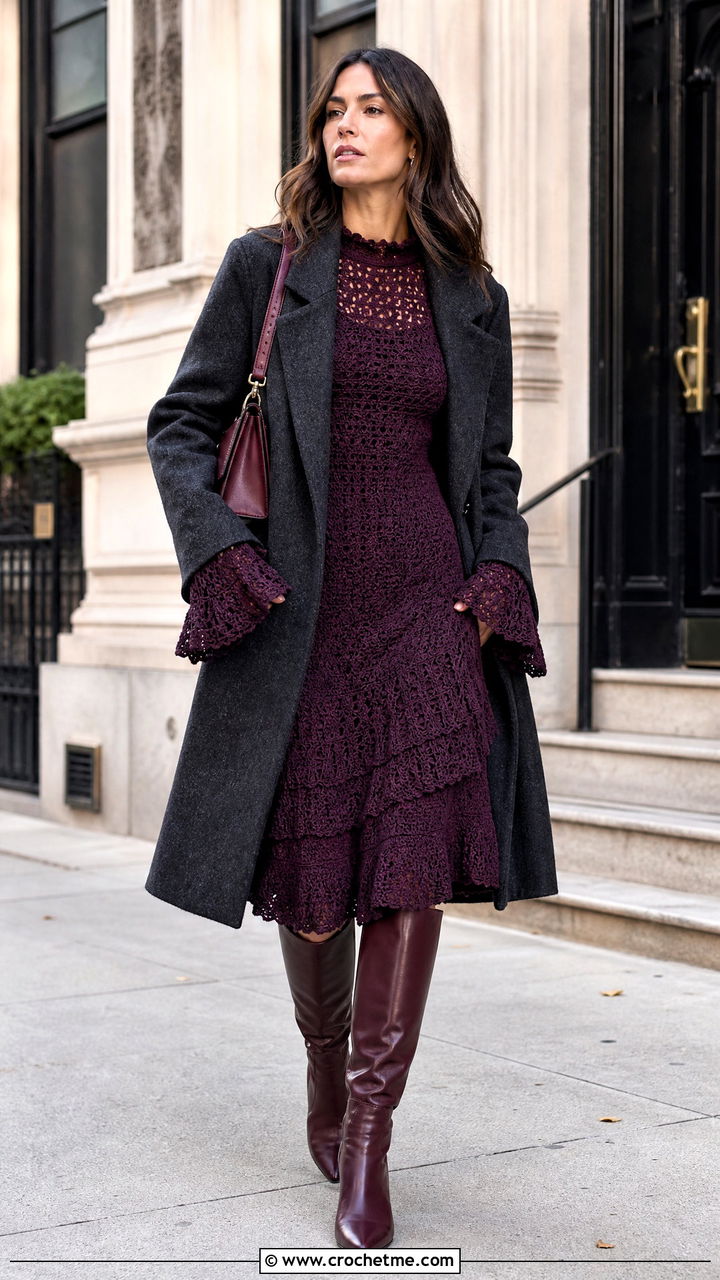 Long Sleeve Crochet Ruffle Dress With Knee High Boots - 35 crochet ruffle dress outfit ideas