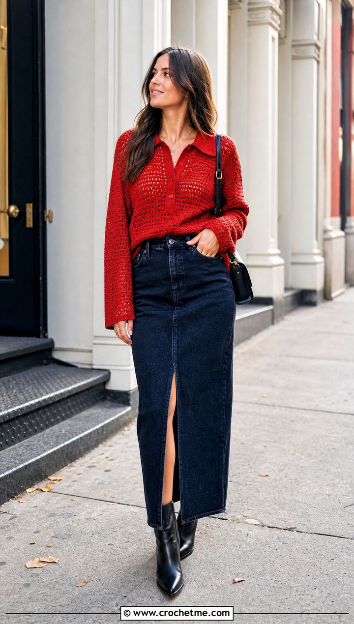 Long Sleeve Crochet Rugby Shirt With Denim Maxi Skirt - 25 Crochet Rugby Shirt outfit ideas