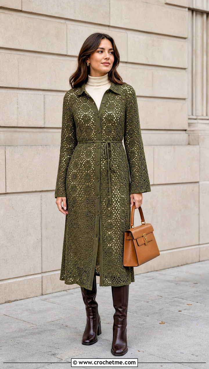 Long Sleeve Crochet Shirt Dress With Knee High Boots - 35 crochet shirt dress outfit ideas