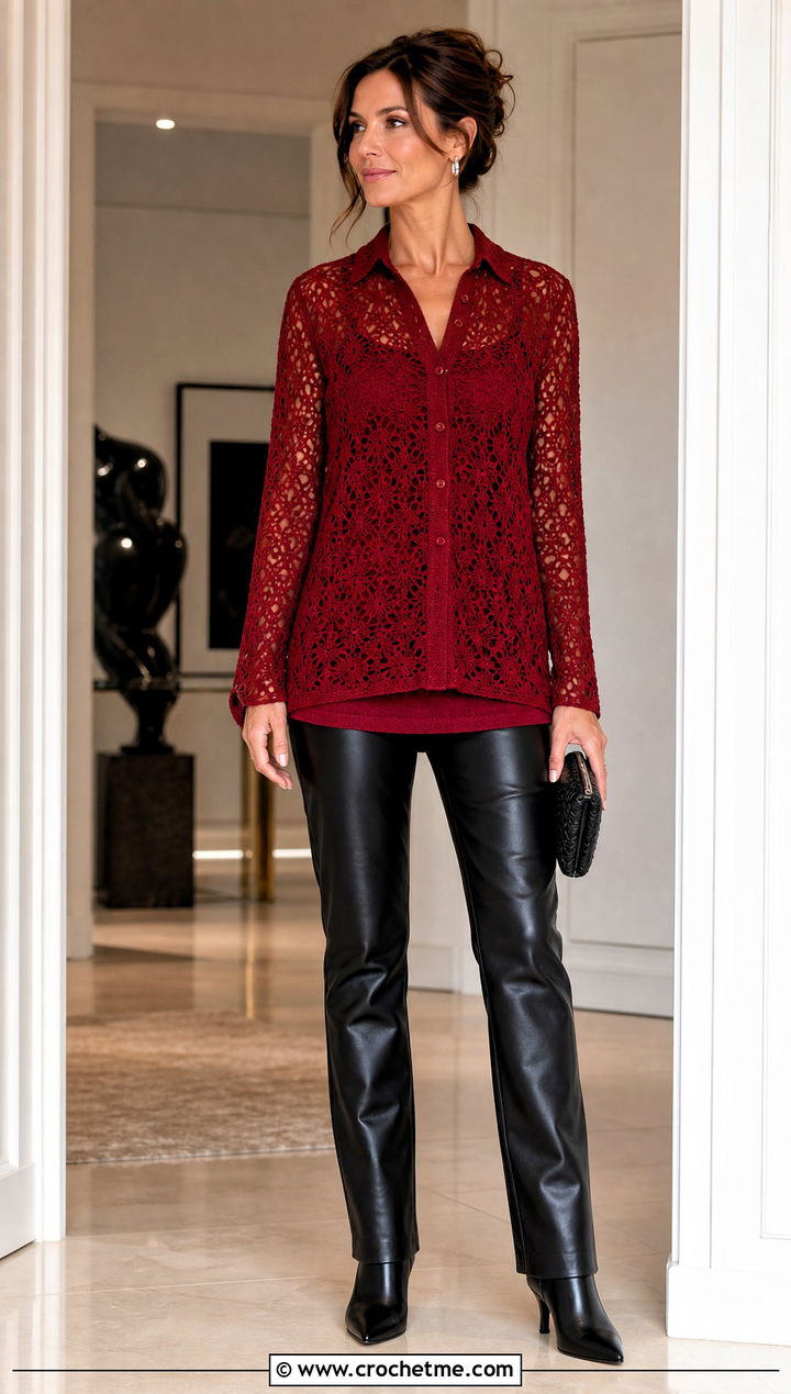 Long Sleeve Crochet Shirt With Leather Pants - 35 crochet shirt women outfit ideas