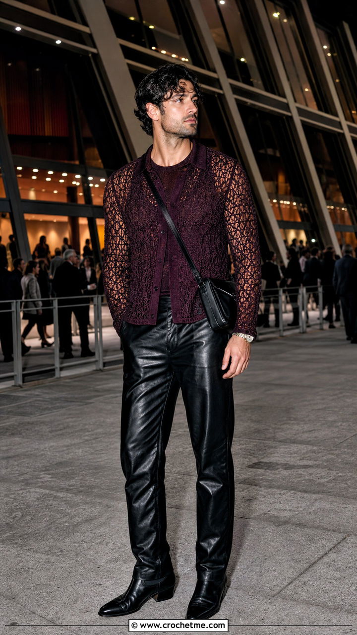 Long Sleeve Crochet Shirt With Leather Pants - 35 crochet men shirt outfit ideas