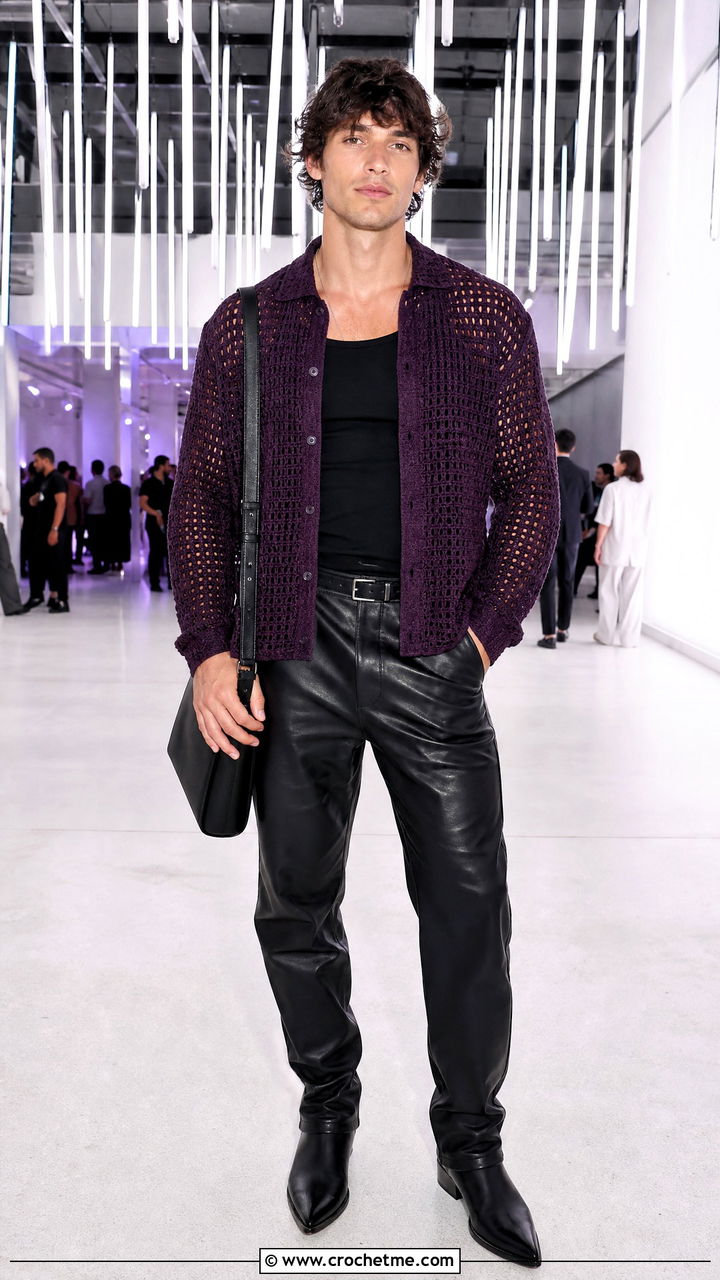 Long Sleeve Crochet Shirt With Leather Trousers - 35 crochet male shirt outfit ideas