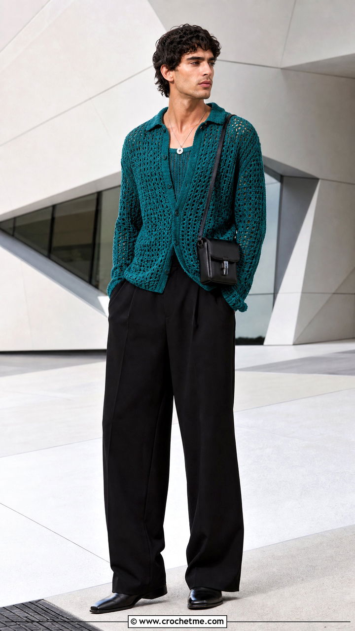 Long Sleeve Crochet Shirt With Wide Leg Pants - 35 crochet top men outfit ideas