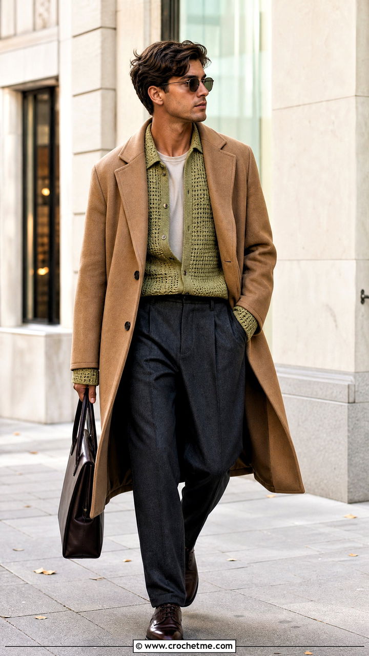 Long Sleeve Crochet Shirt With Wool Trousers - 35 crochet mens shirt outfit ideas