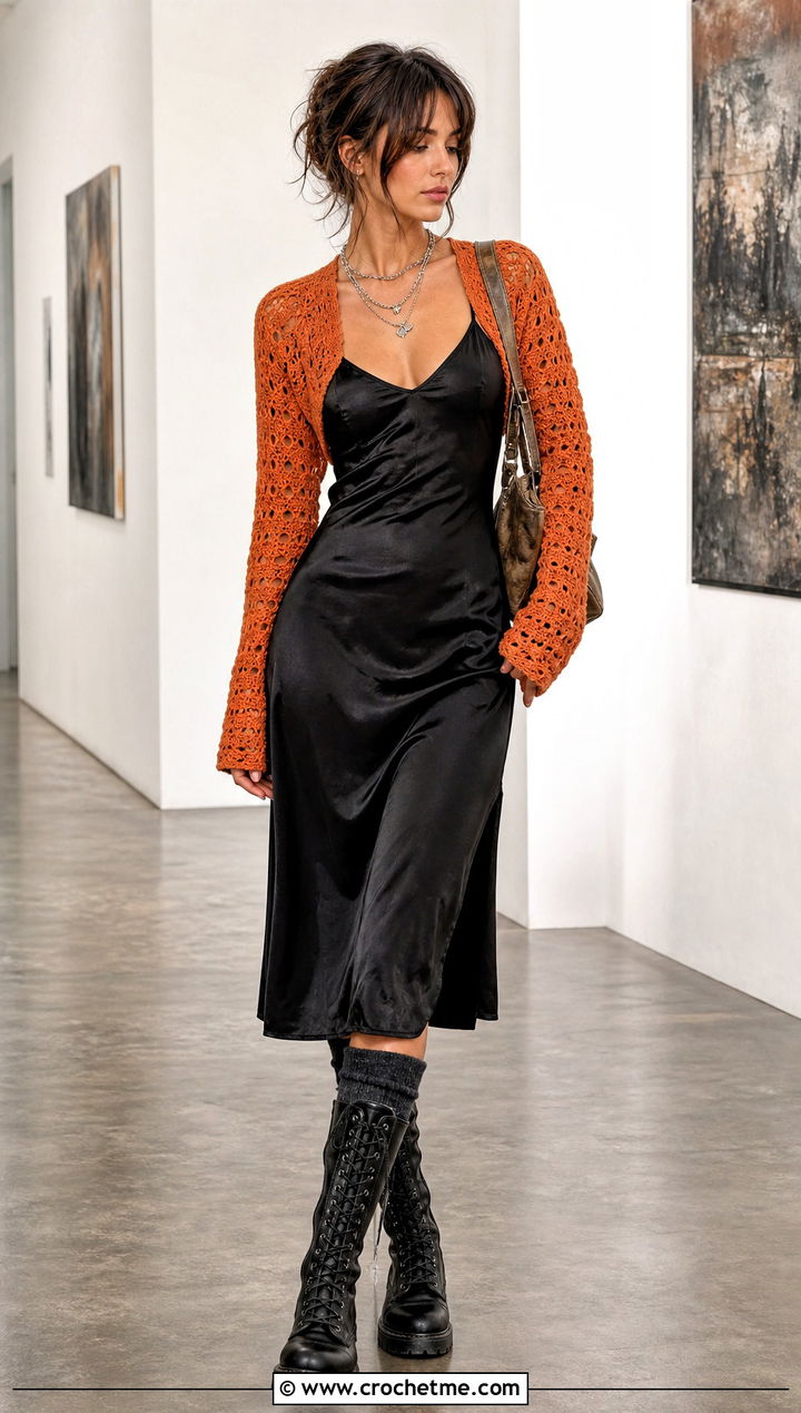 Long Sleeve Crochet Shrug With Slip Dress - 25 grunge crochet clothes and outfit ideas