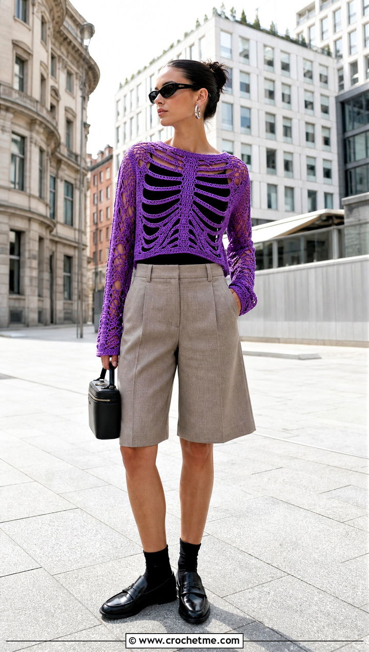 Long Sleeve Crochet Skeleton Mesh Top With Tailored Shorts - 35 crochet skeleton top outfit ideas