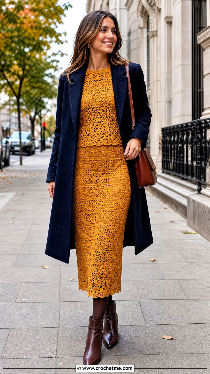 Long Sleeve Crochet Skirt Set With Ankle Boots - 35 crochet skirt set outfit ideas