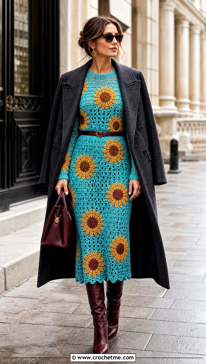Long Sleeve Crochet Sunflower Midi Dress With Knee Boots - 35 crochet sunflower dress outfit ideas