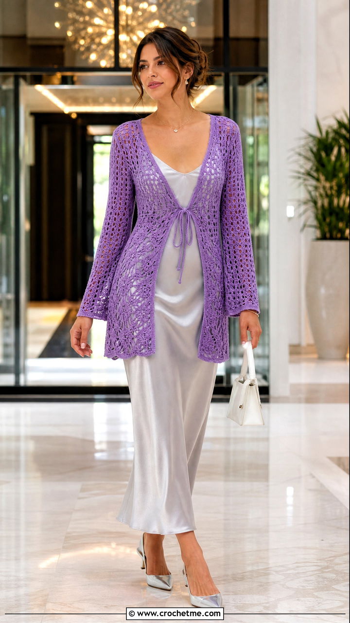 Long Sleeve Crochet Tie Cardigan With Slip Dress - 35 crochet tie top outfit ideas