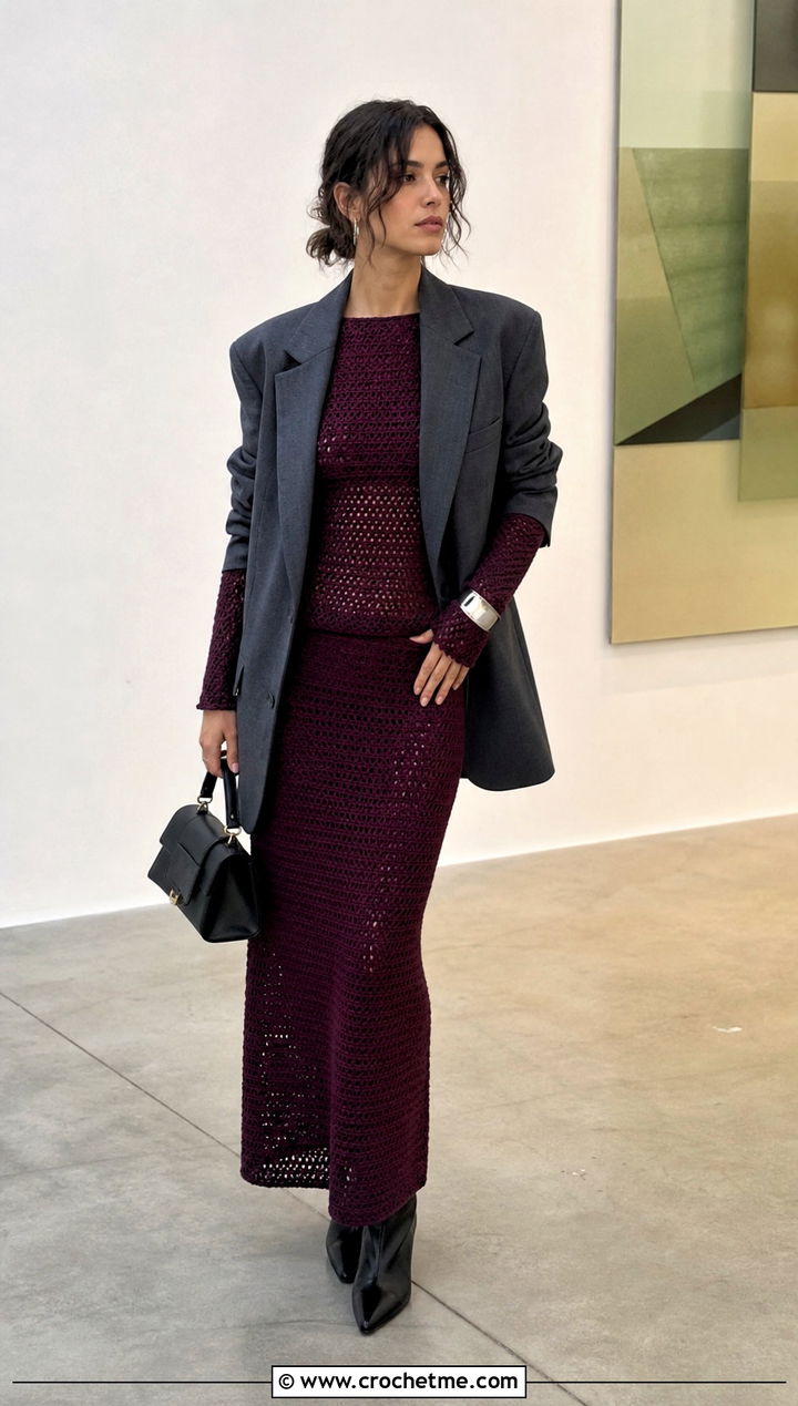 Long Sleeve Crochet Top And Column Skirt Set With Blazer - 25 crochet top skirt set outfit ideas