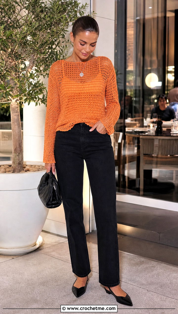 Long Sleeve Crochet Top With Black Jeans - 30 cute crochet summer clothes and outfit ideas
