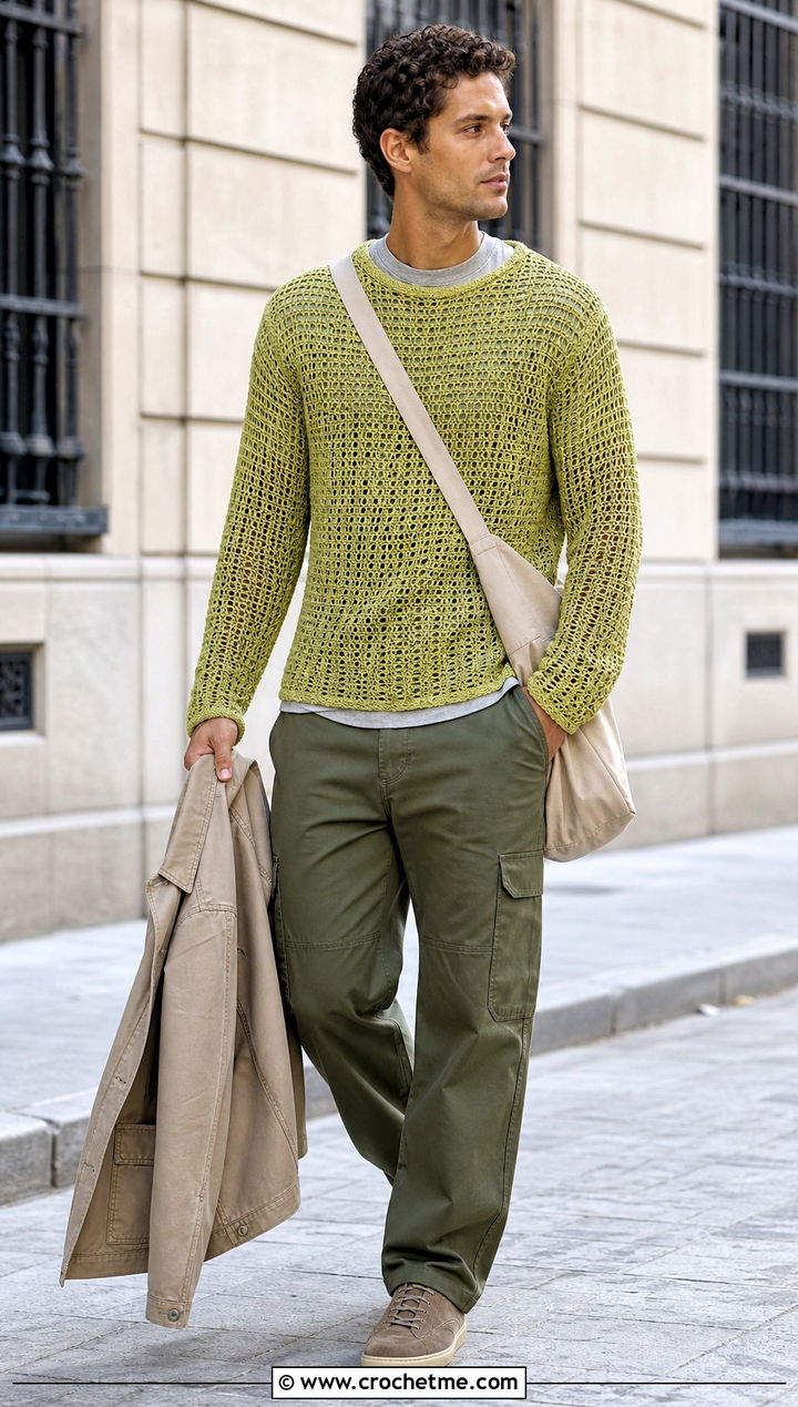 Long Sleeve Crochet Top With Cargo Pants - 15 men's crochet top outfit ideas