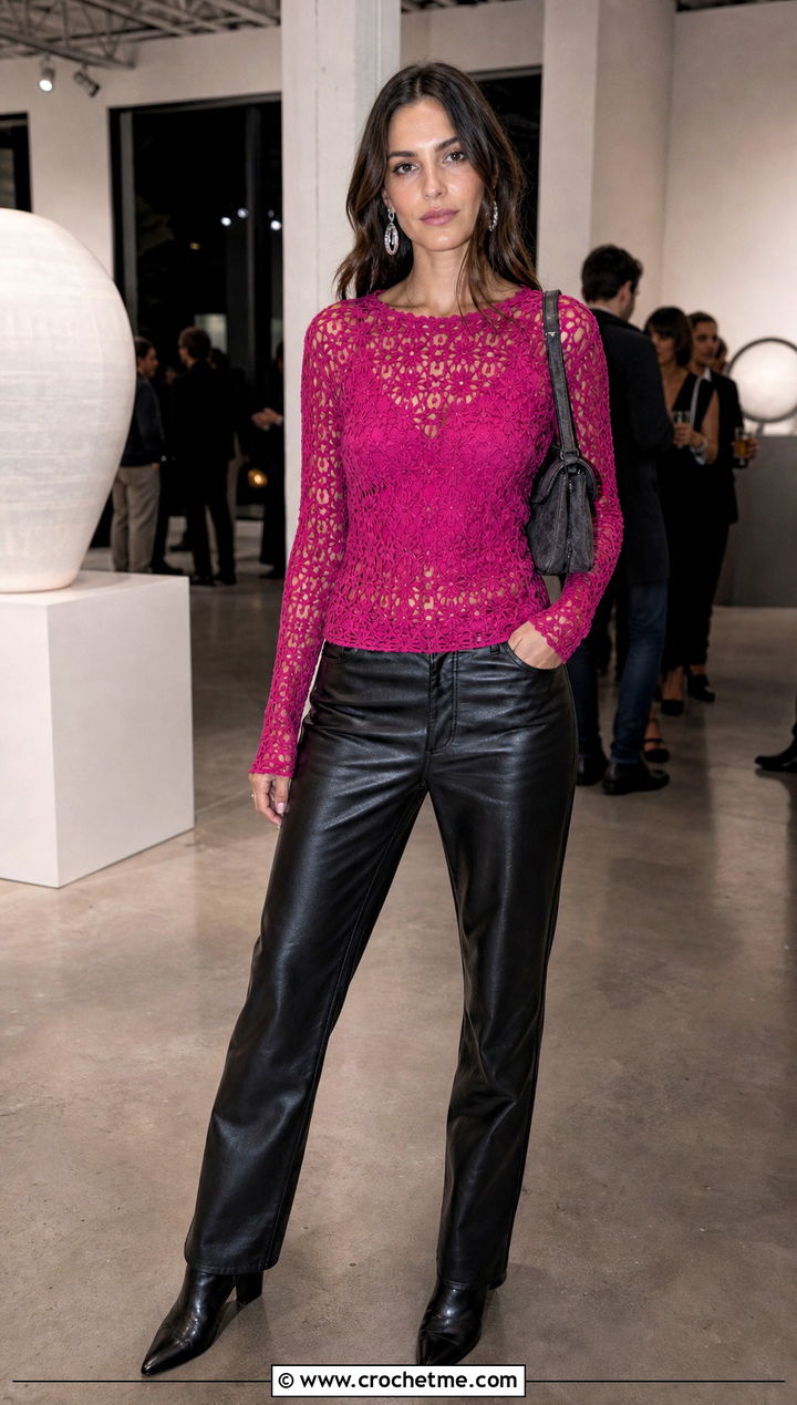 Long Sleeve Crochet Top With Leather Pants - 30 crochet knitted top outfit ideas