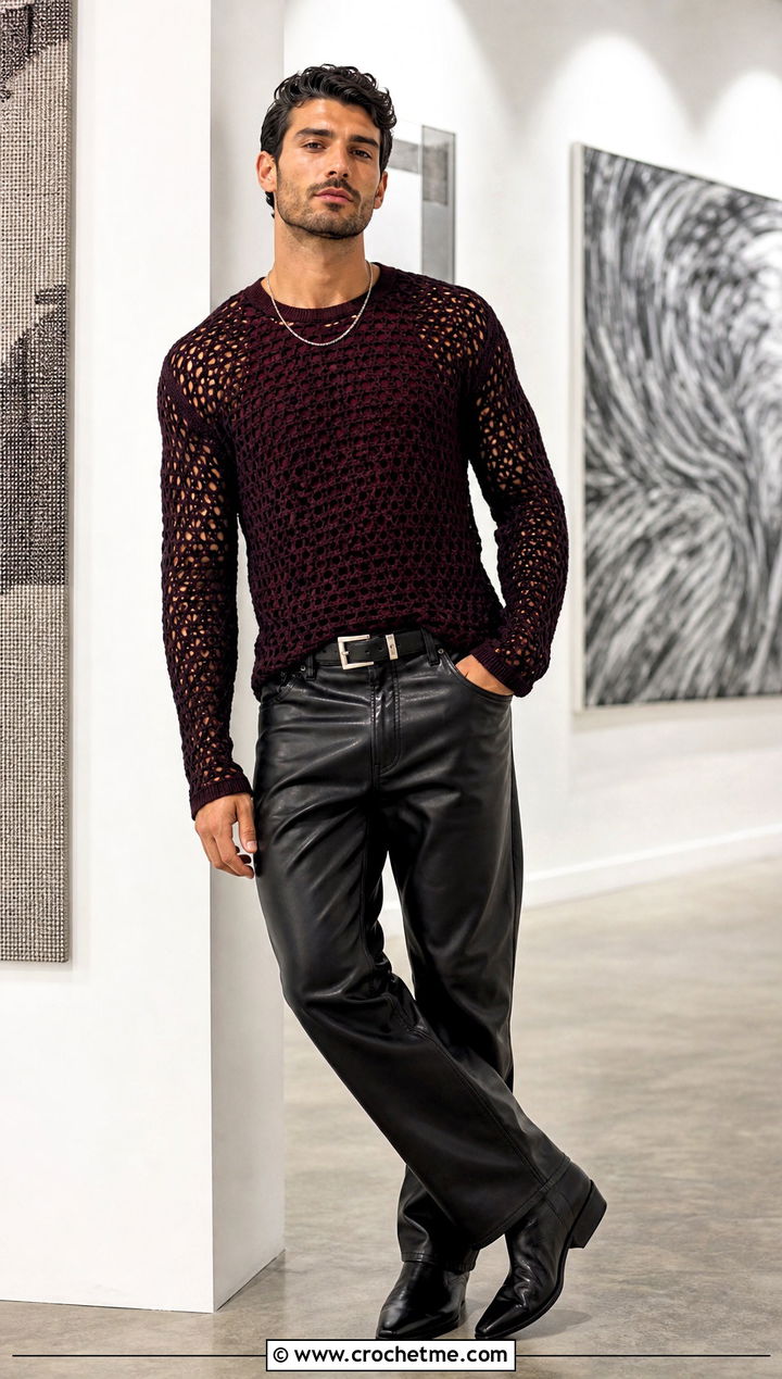 Long Sleeve Crochet Top With Leather Pants - 35 Mens Crochet Top outfit ideas