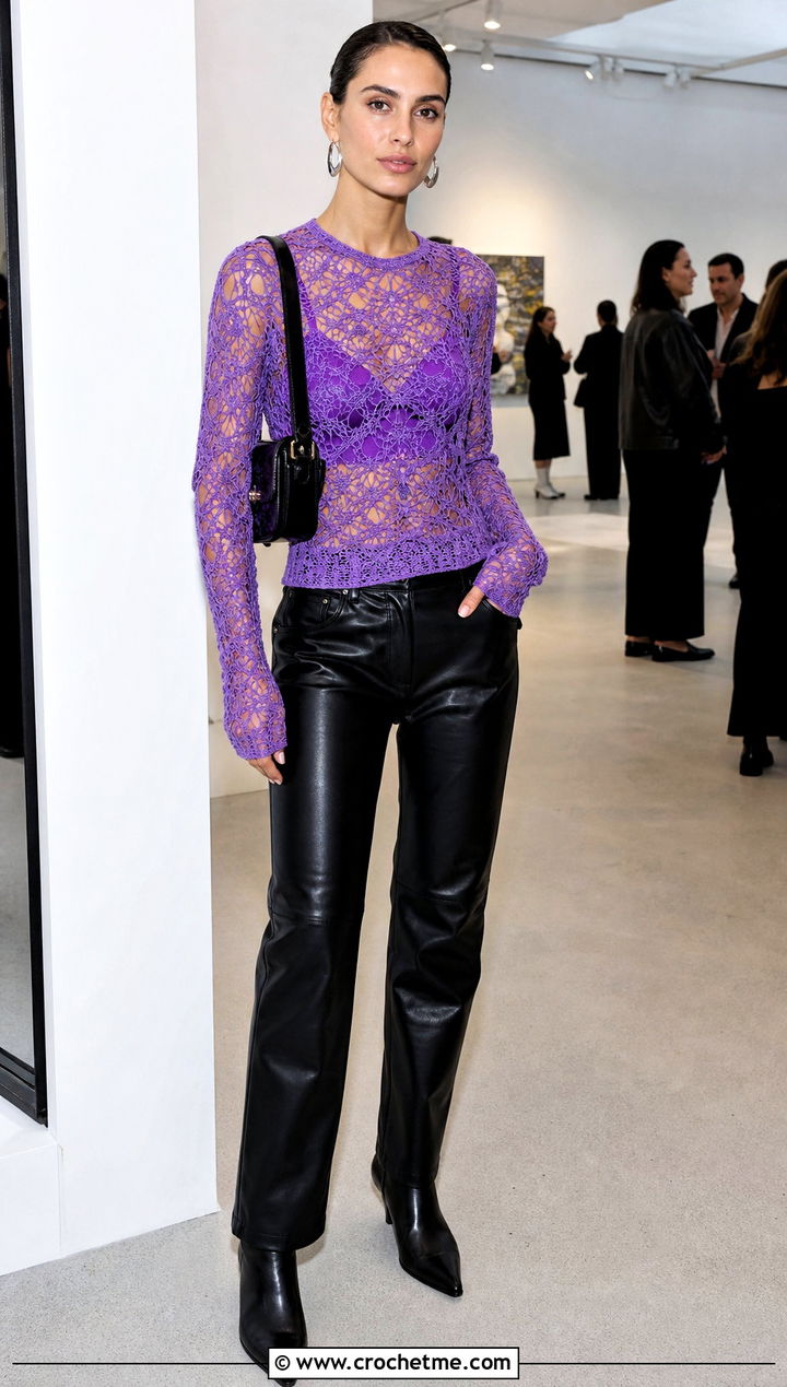 Long Sleeve Crochet Top With Leather Pants - 25 Simple Crochet Clothes and outfit ideas