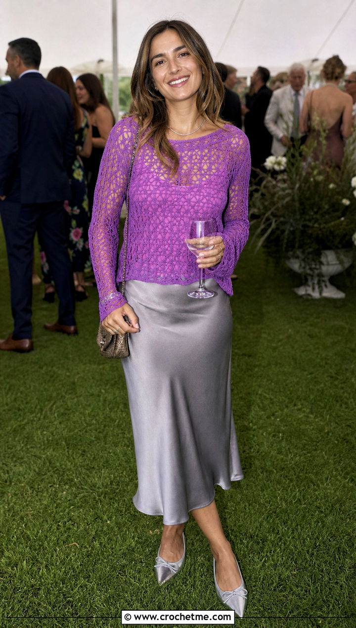 Long Sleeve Crochet Top With Satin Midi Skirt - 15 crochet top on grass outfit ideas