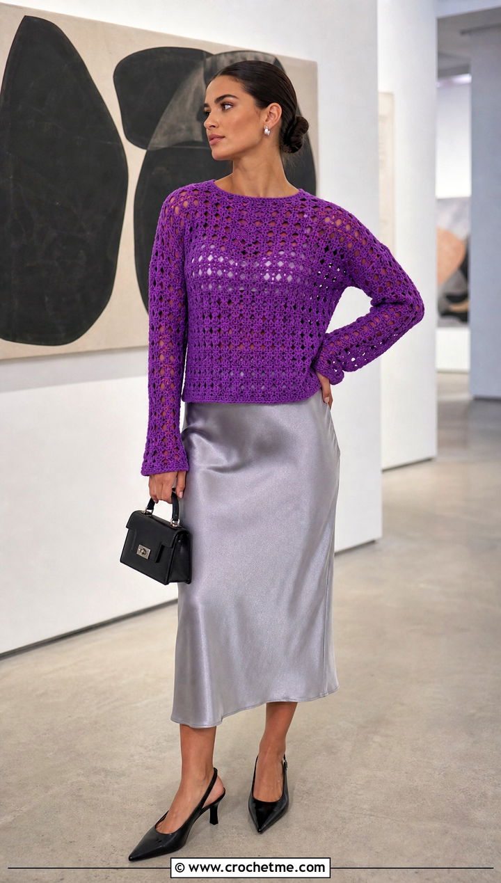 Long Sleeve Crochet Top With Satin Slip Skirt - 35 Fast Crochet Top outfit ideas