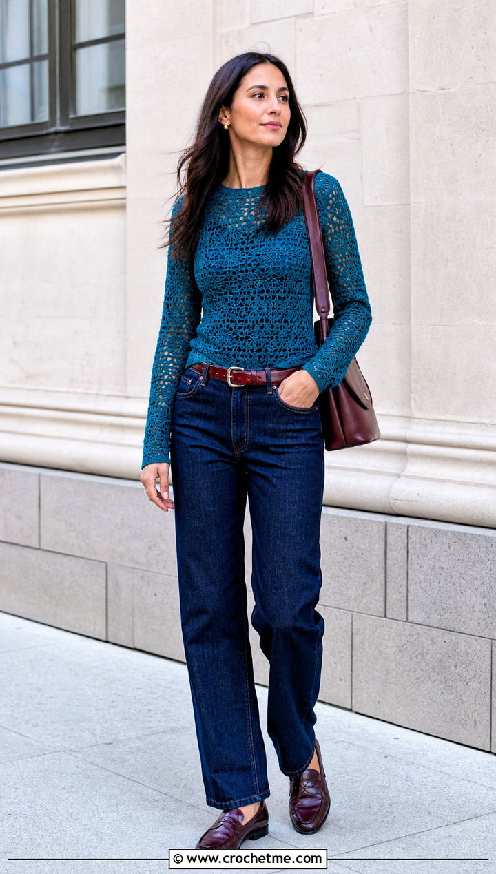 Long Sleeve Crochet Top With Straight Leg Jeans - 35 crochet sleeve top outfit ideas