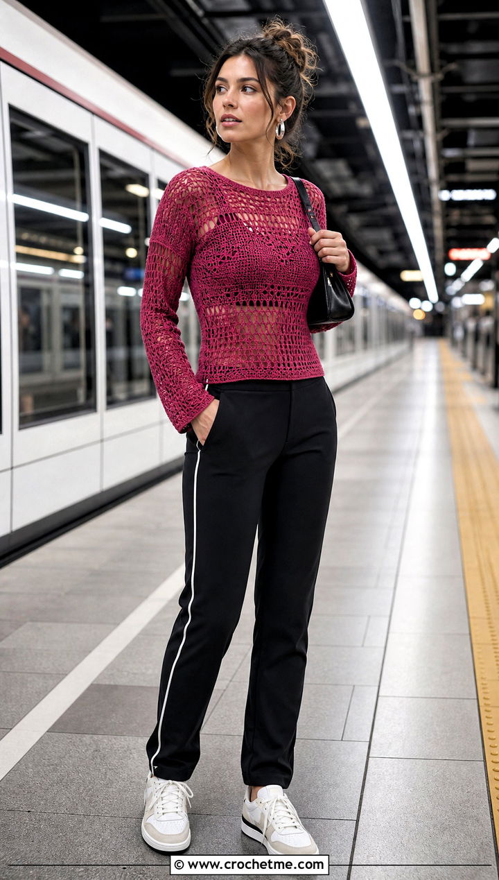 Long Sleeve Crochet Top With Track Pants - 15 crochet top with intricate outfit ideas