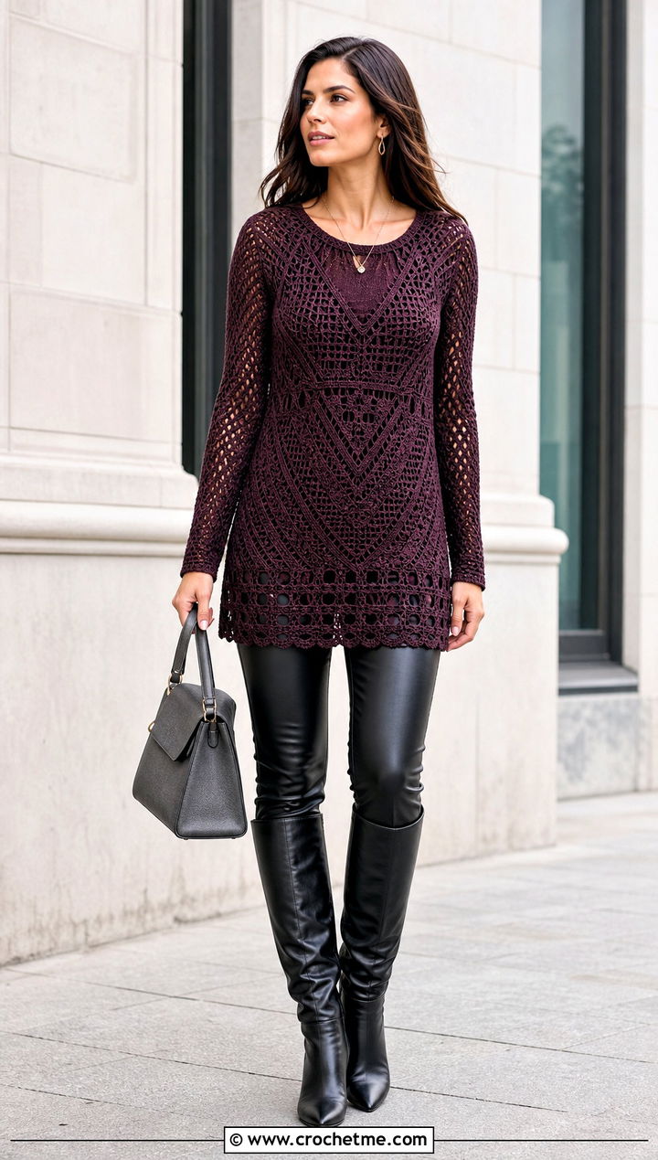 Long Sleeve Crochet Tunic With Leather Leggings - 15 Crochet Tunics For Women outfit ideas