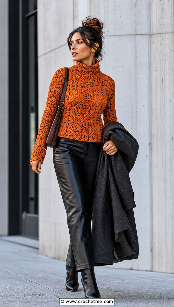 Long Sleeve Crochet Turtleneck Top With Leather Pants - 35 crochet high neck top outfit ideas