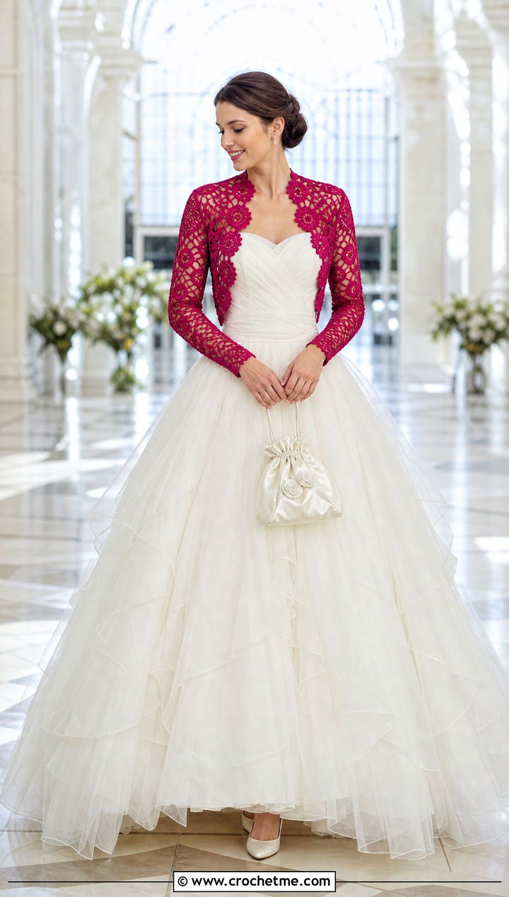 Long Sleeve Crochet Wedding Bolero With Tulle Ball Gown - 25 Crochet Wedding Bolero outfit ideas