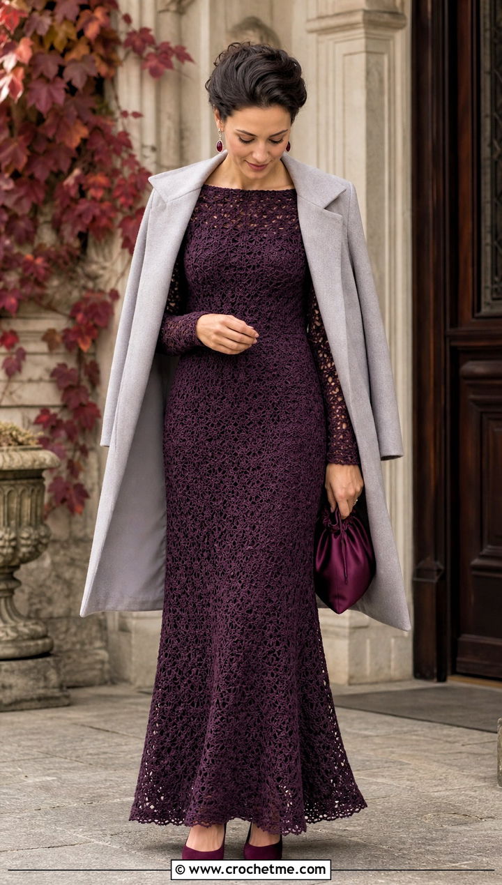 Long Sleeve Crochet Wedding Gown With Velvet Pumps - 30 crochet wedding dress gowns outfit ideas