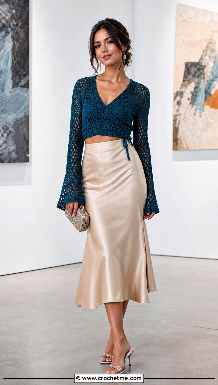 Long Sleeve Crochet Wrap Crop Top With Satin Midi Skirt - 15 crochet wrap crop top outfit ideas