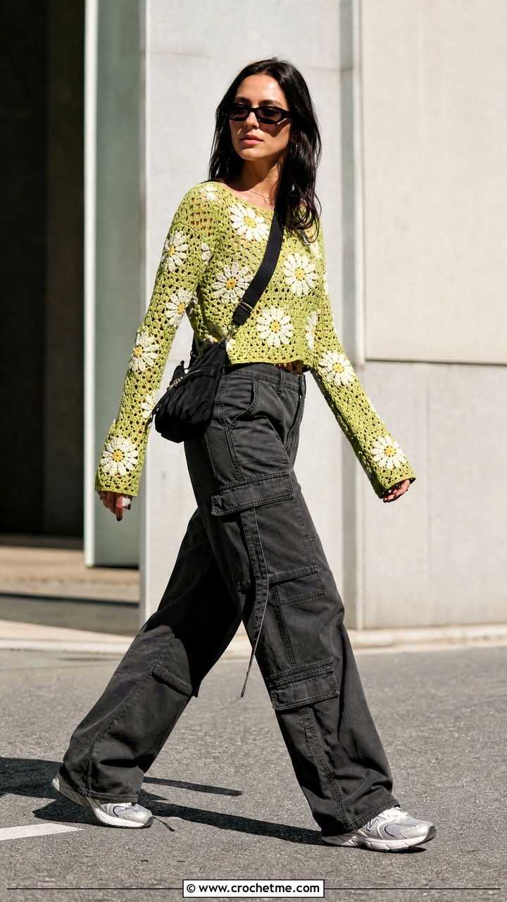 Long Sleeve Daisy Crochet Top With Cargo Pants - 35 crochet daisy top outfit ideas