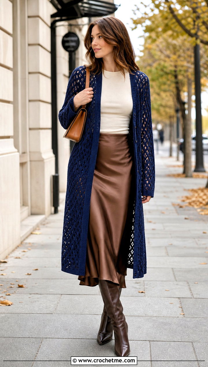Long Sleeve Diamond Crochet Cardigan With Slip Skirt - 30 diamond crochet cardigan outfit ideas