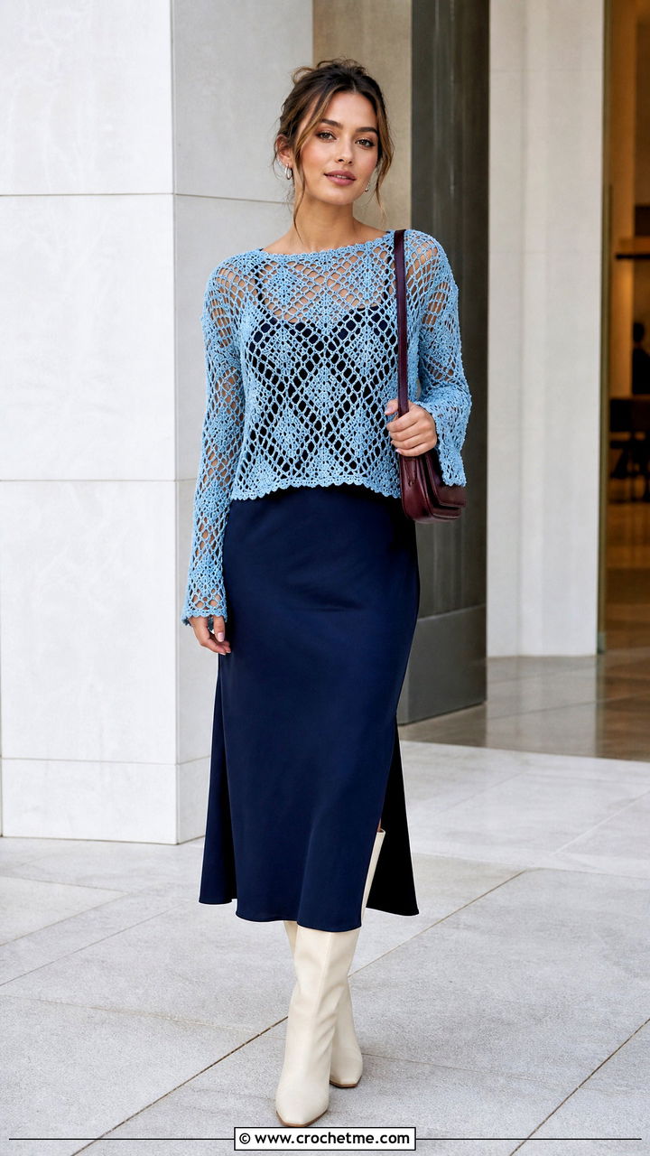 Long Sleeve Diamond Crochet Top With Slip Dress - 35 crochet diamond top outfit ideas