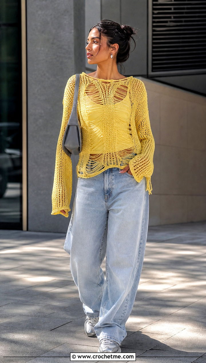 Long Sleeve Distressed Crochet Top With Baggy Jeans - 35 Distressed Crochet Top outfit ideas