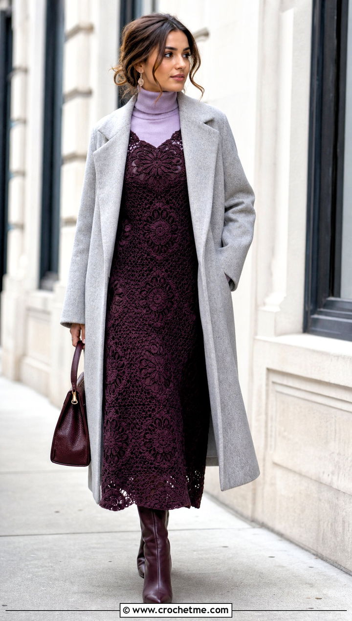 Long Sleeve Floral Crochet Maxi Dress With Knee High Boots - 15 floral crochet maxi dress outfit ideas