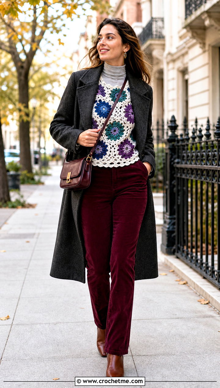 Long Sleeve Flower Crochet Top With Corduroy Pants - 15 white crochet top with flowers outfit ideas