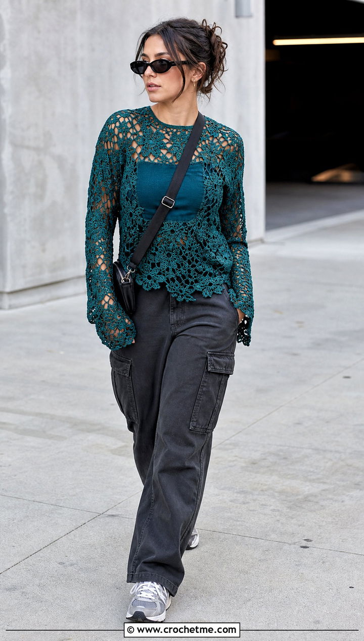 Long Sleeve Flower Mesh Crochet Top With Cargo Pants - 25 mesh flower crochet top outfit ideas