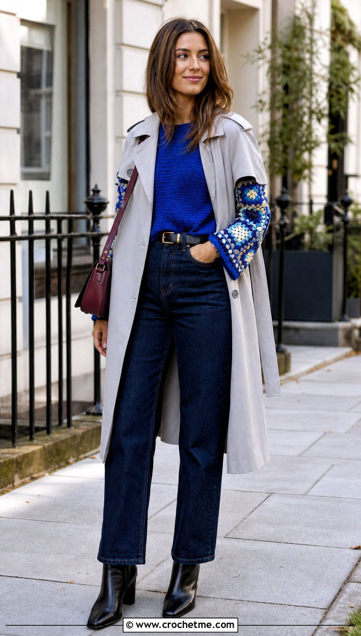 Long Sleeve Granny Square Blouse With Dark Wash Jeans - 35 Granny Square Blouse outfit ideas