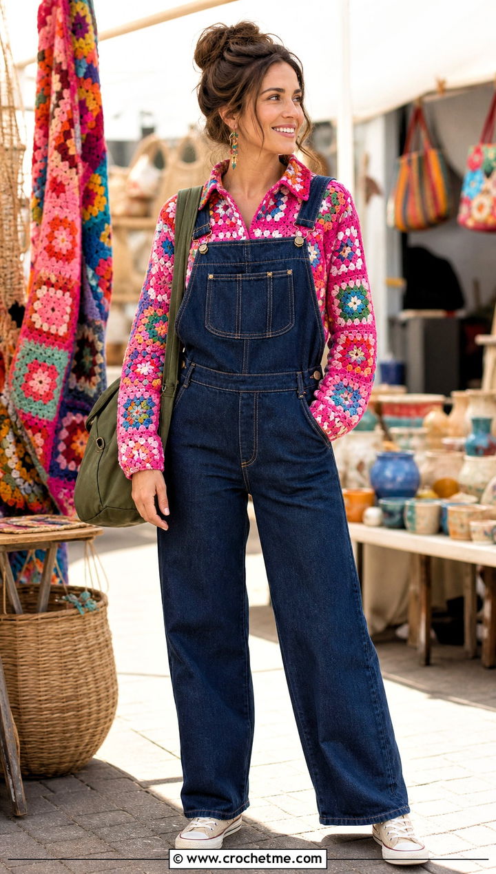 Long Sleeve Granny Square Button Up Shirt With Denim Overalls - 25 Granny Square Button Up Shirt outfit ideas