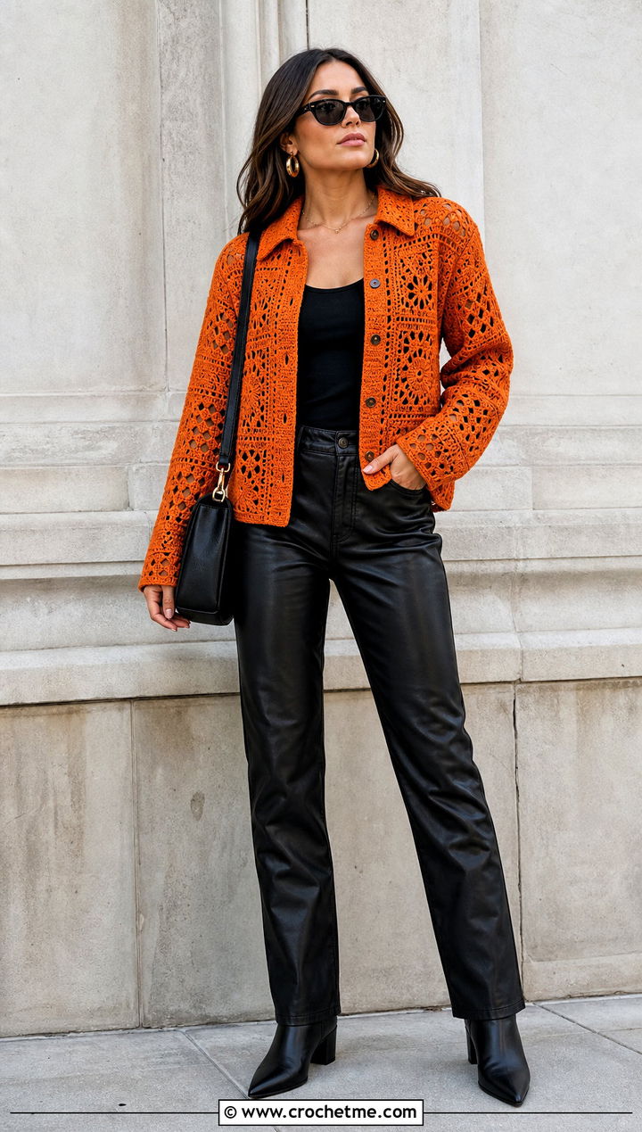 Long Sleeve Granny Square Button Up Shirt With Leather Pants - 25 Granny Square Button Up Shirt outfit ideas