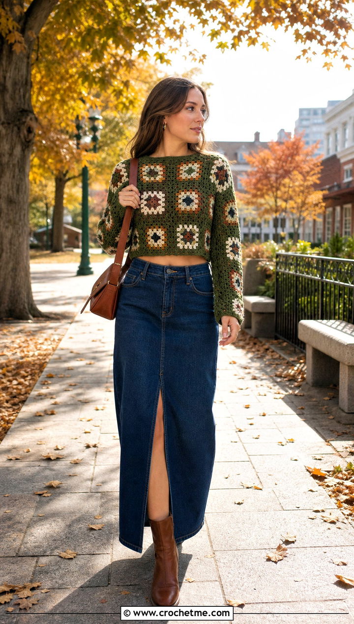 Long Sleeve Granny Square Crop Top With Denim Maxi Skirt - 30 granny square crop top outfit ideas