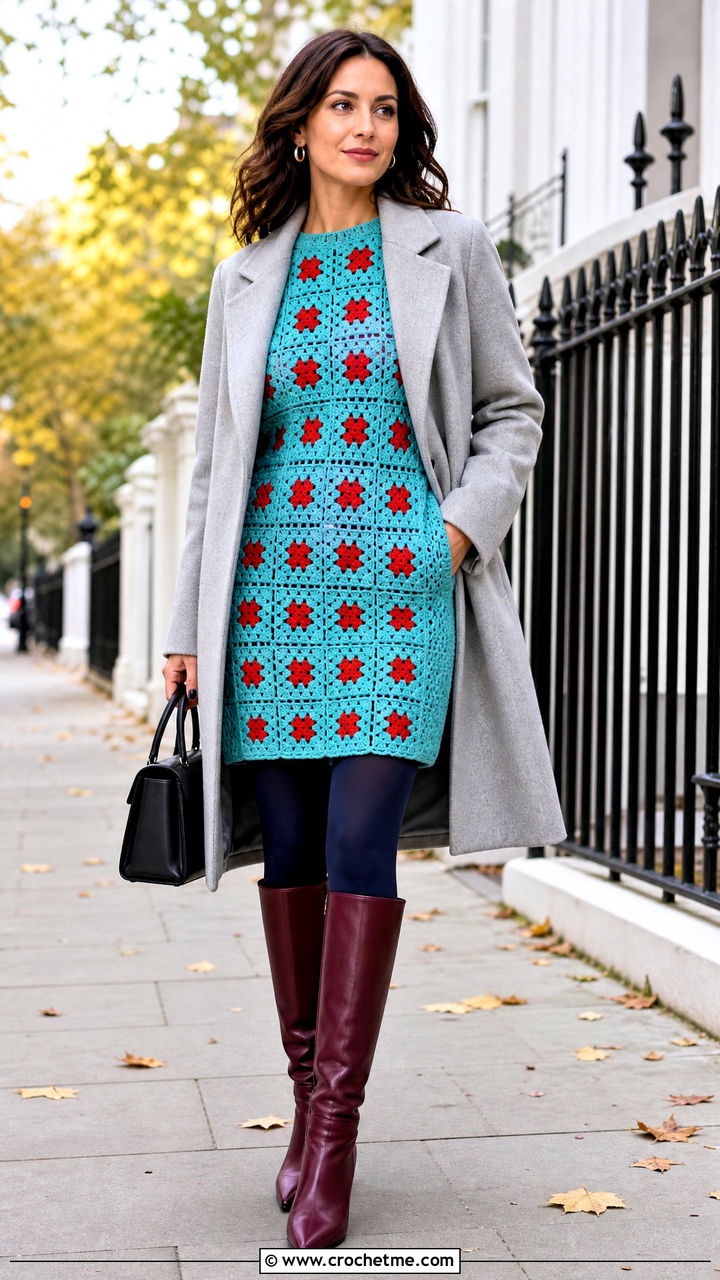 Long Sleeve Granny Square Dress With Knee High Boots - 35 crochet granny square dress outfit ideas