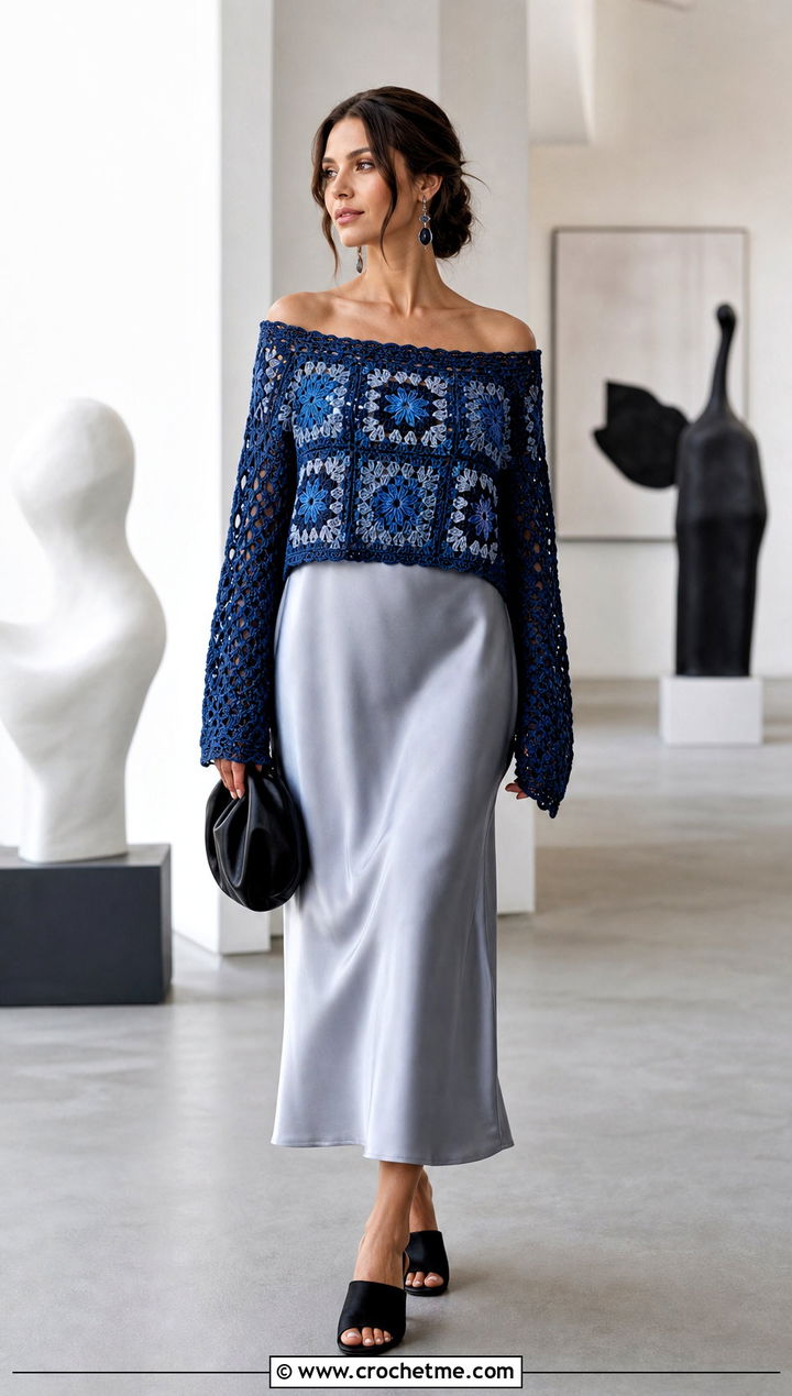 Long Sleeve Granny Square Off The Shoulder Top Over A Slip Dress - 25 Granny Square Off The Shoulder Top outfit ideas