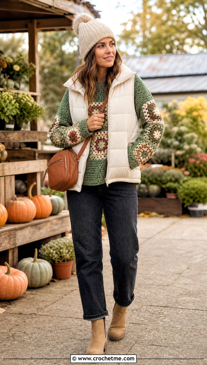 Long Sleeve Granny Square Pullover Sweater With Puffer Vest - 25 crochet granny square pullover sweater outfit ideas