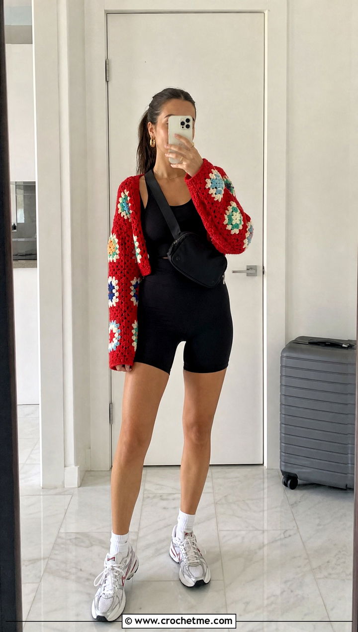 Long Sleeve Granny Square Shrug With Bike Shorts - 25 Crochet Granny Shrug outfit ideas