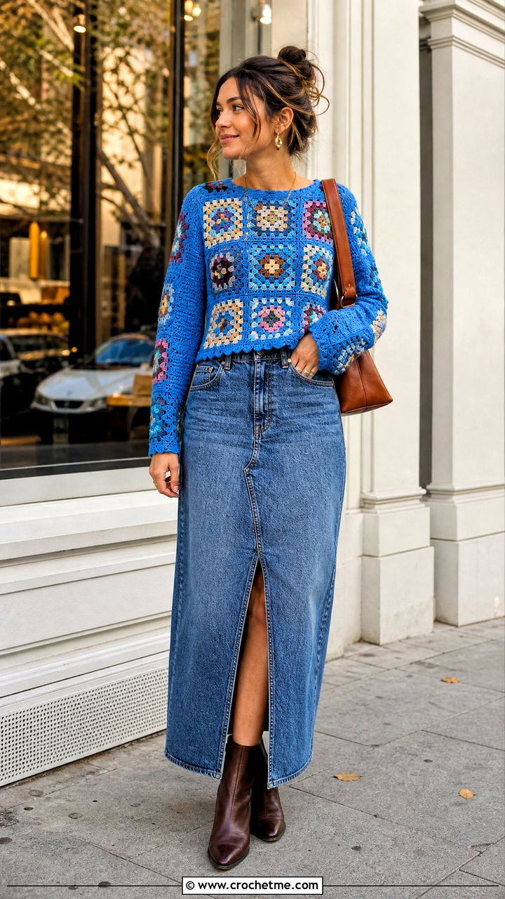Long Sleeve Granny Square Top With Denim Maxi Skirt - 35 crochet granny square top outfit ideas