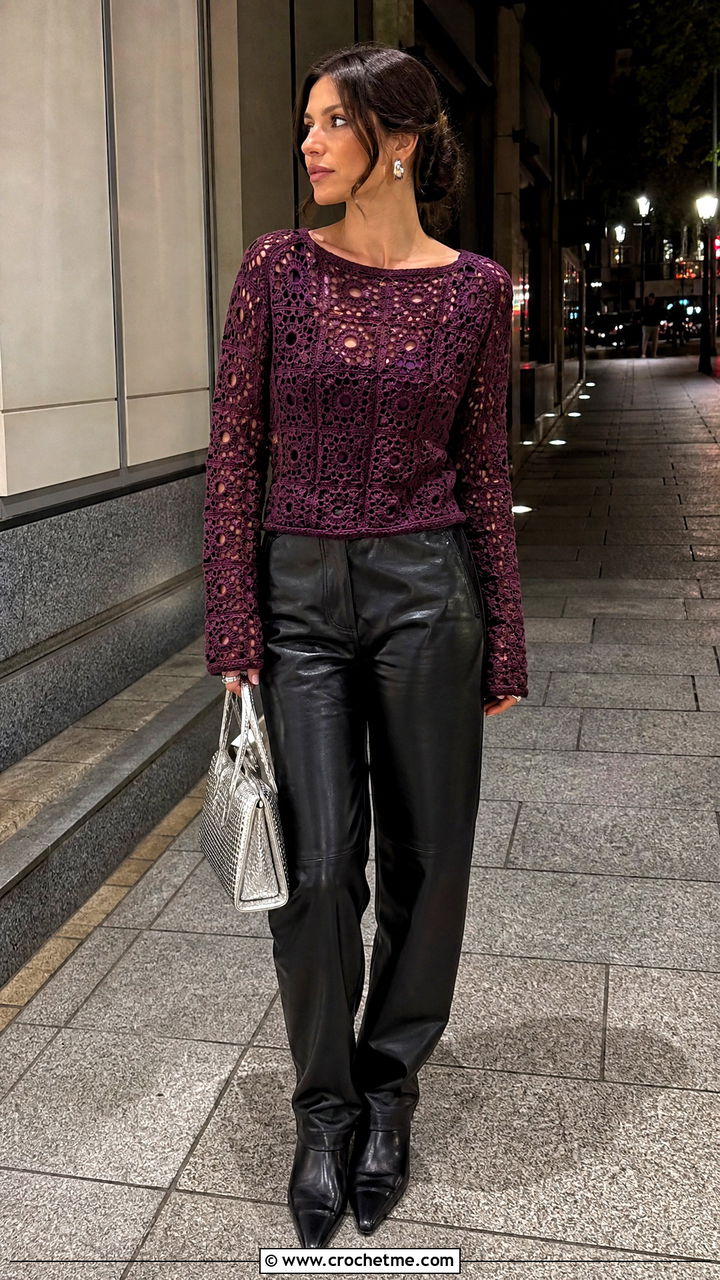 Long Sleeve Granny Square Top With Leather Pants - 35 granny square tops outfit ideas