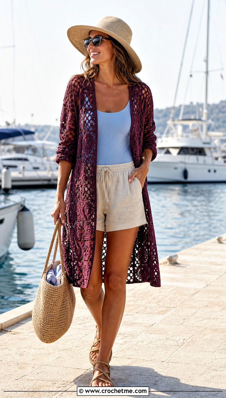 Long Sleeve Granny Square Tunic Cover Up With Linen Shorts - 15 granny square beach cover up outfit ideas