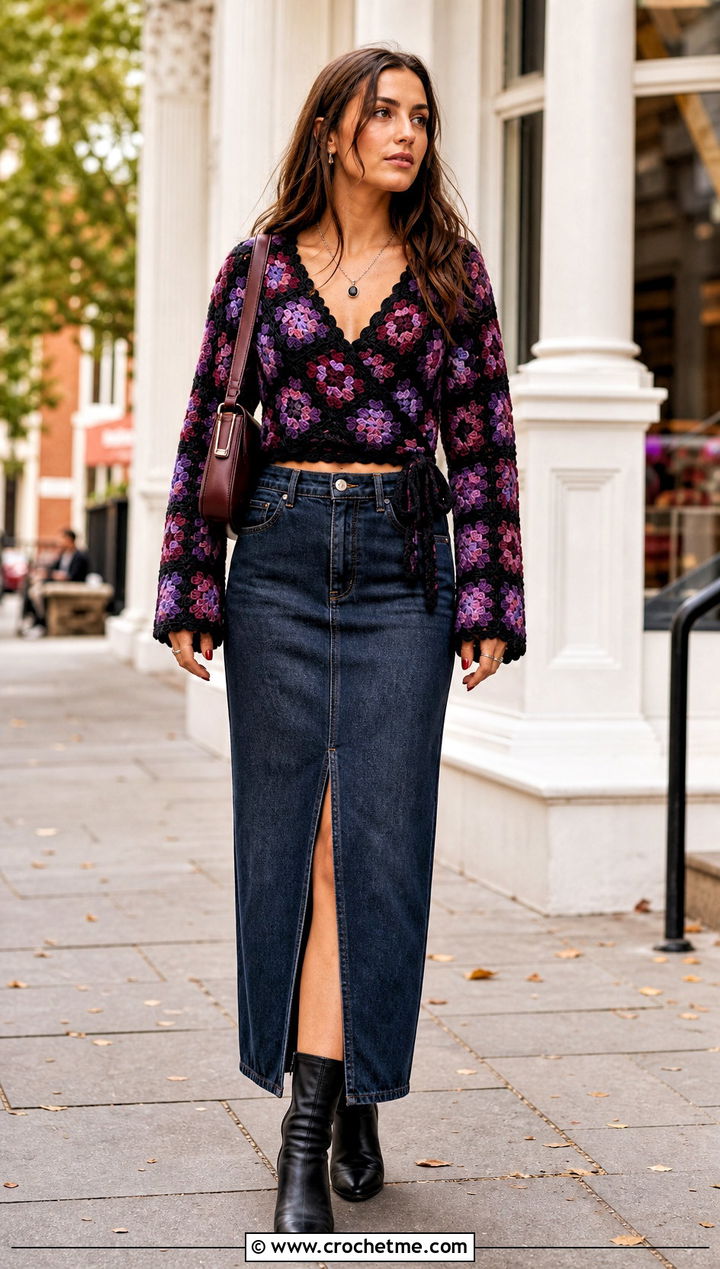 Long Sleeve Granny Square Wrap Top With Denim Maxi Skirt - 35 granny square wrap top outfit ideas