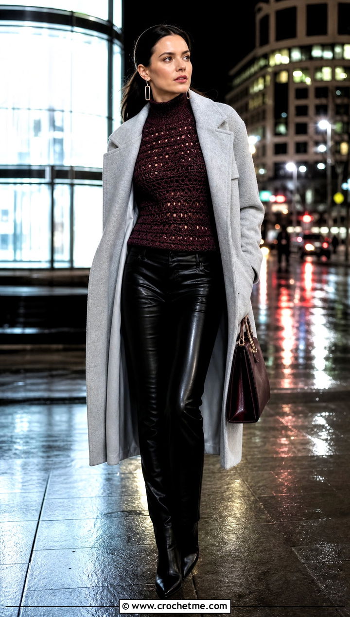 Long Sleeve High Neck Crochet Top With Leather Pants - 35 high neck crochet top outfit ideas