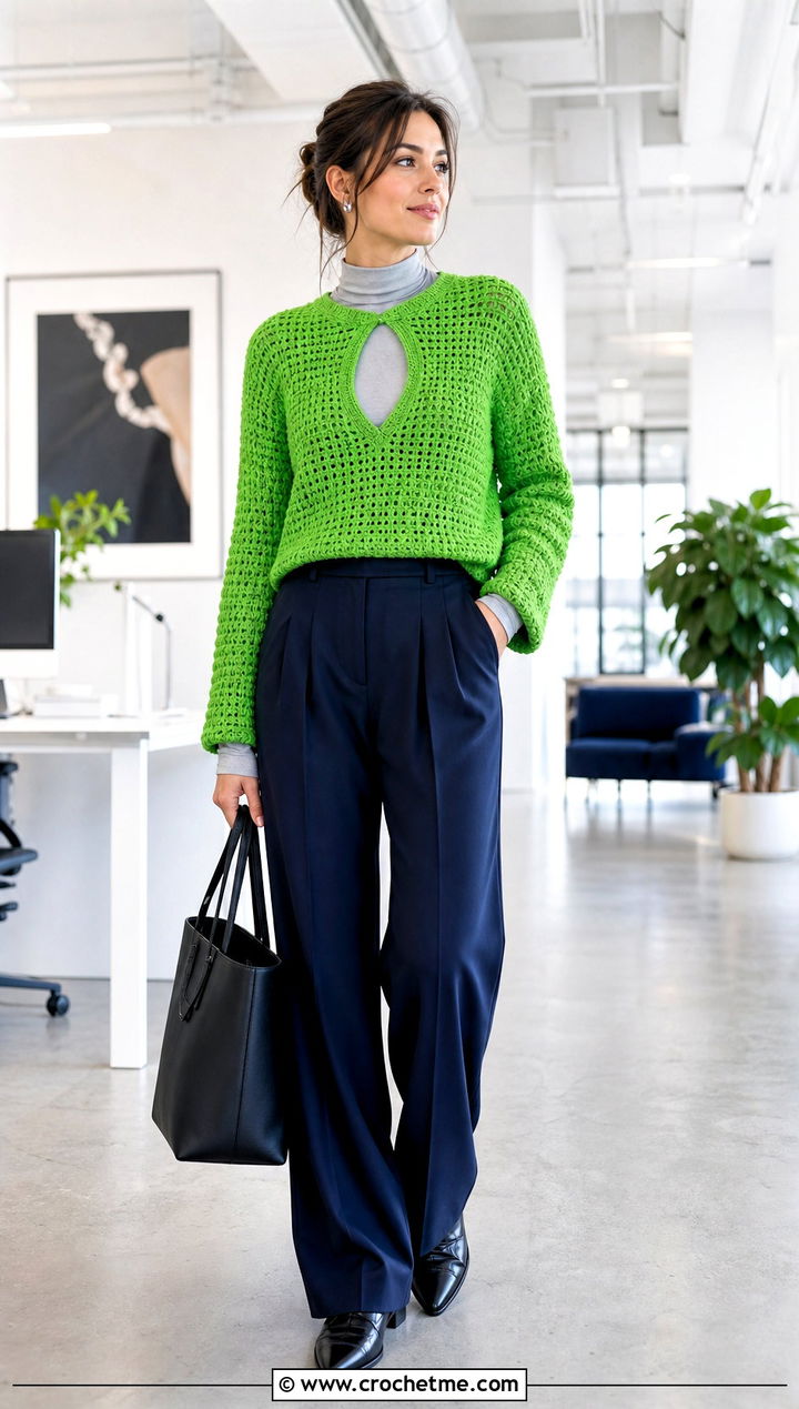 Long Sleeve Keyhole Virgin Killer Crochet Sweater With Tailored Trousers - 15 virgin killer crochet sweater outfit ideas